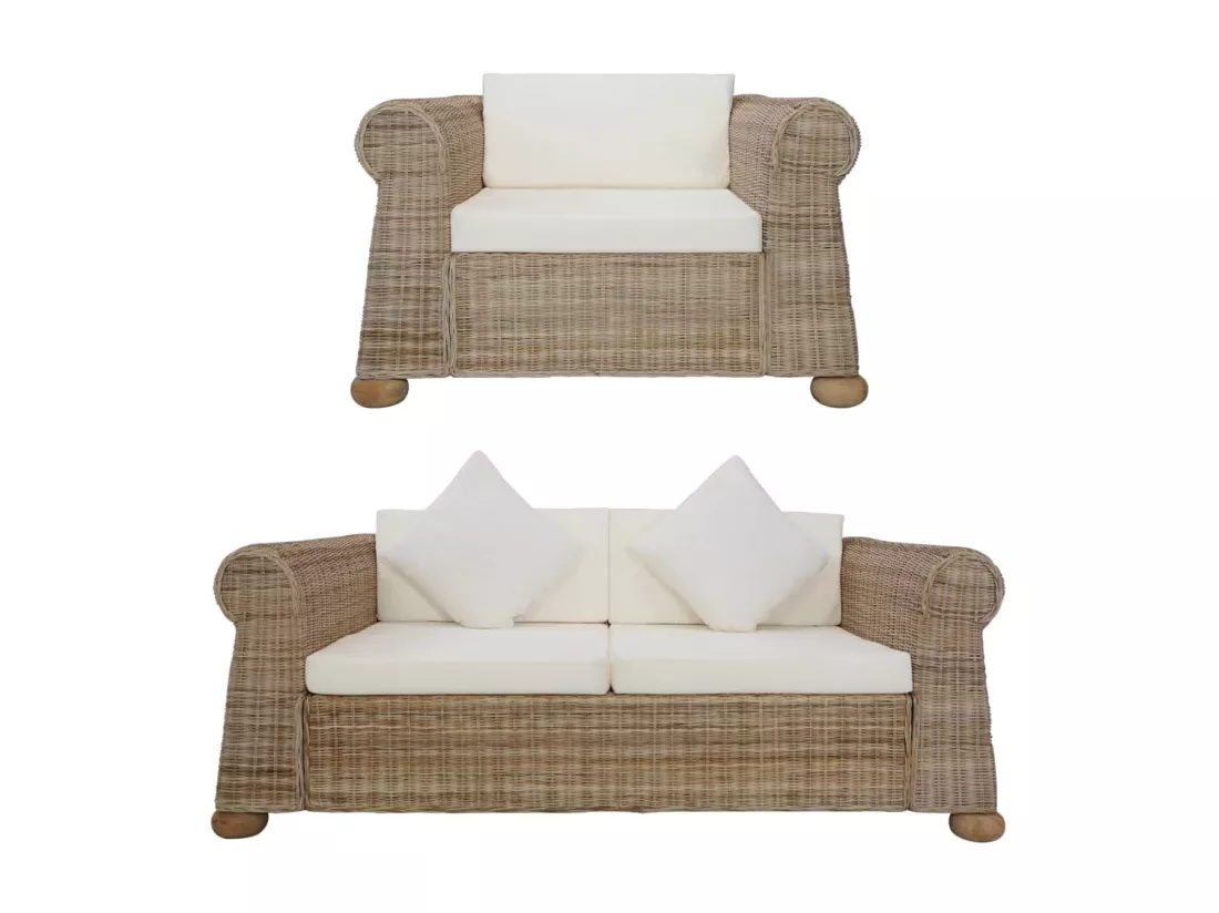 Ensemble de canapés avec coussins 2 pcs rotin naturel