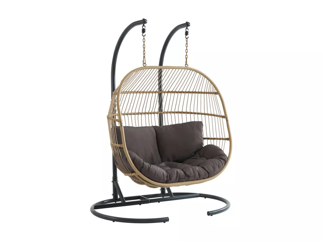 Fauteuil suspendu 2 places en résine tressée - Naturel clair avec coussin anthracite - LISSANDRA de MYLIA