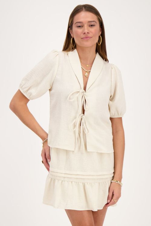 Beige linnen look top met strikjes