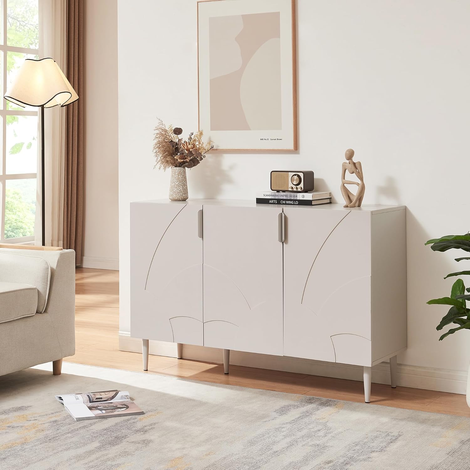 [en.casa] Sideboard Starvili Kommode mit 3 Türen Mehrzweckschrank 75 x 115 x 38 cm Wohnzimmerschrank Buffetschrank Metallbeine Beige