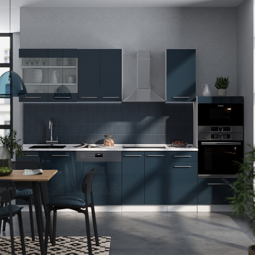 Vicco Küchenzeile Fame-Line Weiß Dunkelblau Hochglanz 300 cm mit Arbeitsplatte Eiche