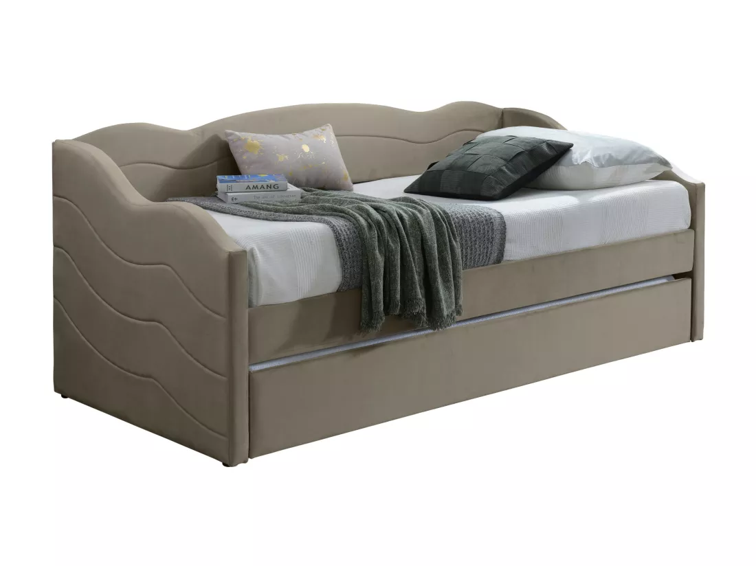 Lit banquette gigogne 2 x 90 x 190 cm - Velours - Taupe + Matelas - LENVIA