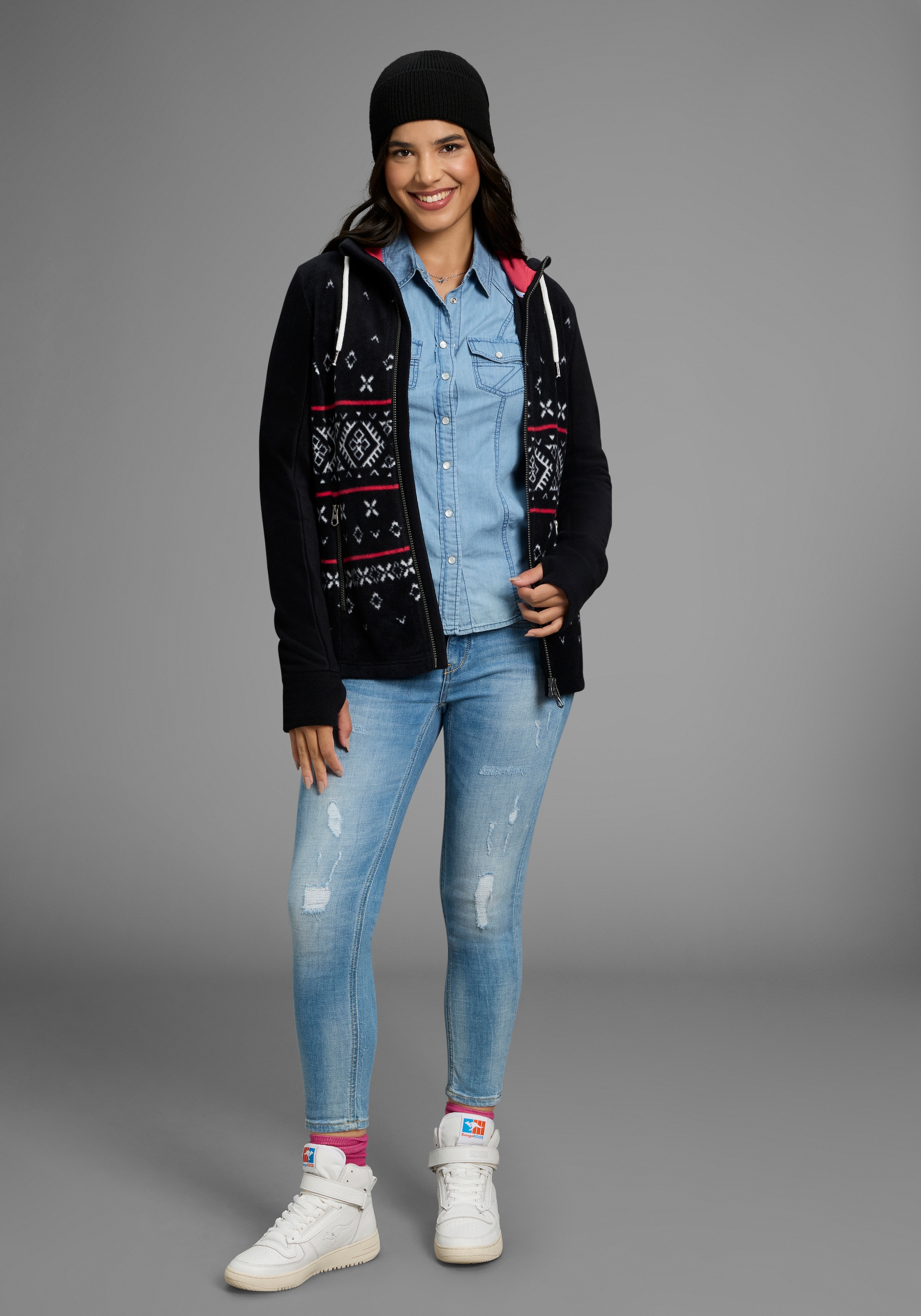 KangaROOS Fleecejacke mit Kapuze mit Norweger Muster und Kapuze