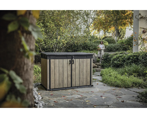 Keter Signature Ashwood Mega 2020 L 190,5 x 109,3 cm afval-/fietsengarage, houtlook antraciet/bruin