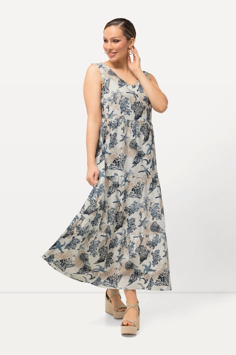 Kleid, Leinenmix, Korallen, V-Ausschnitt, ärmellos