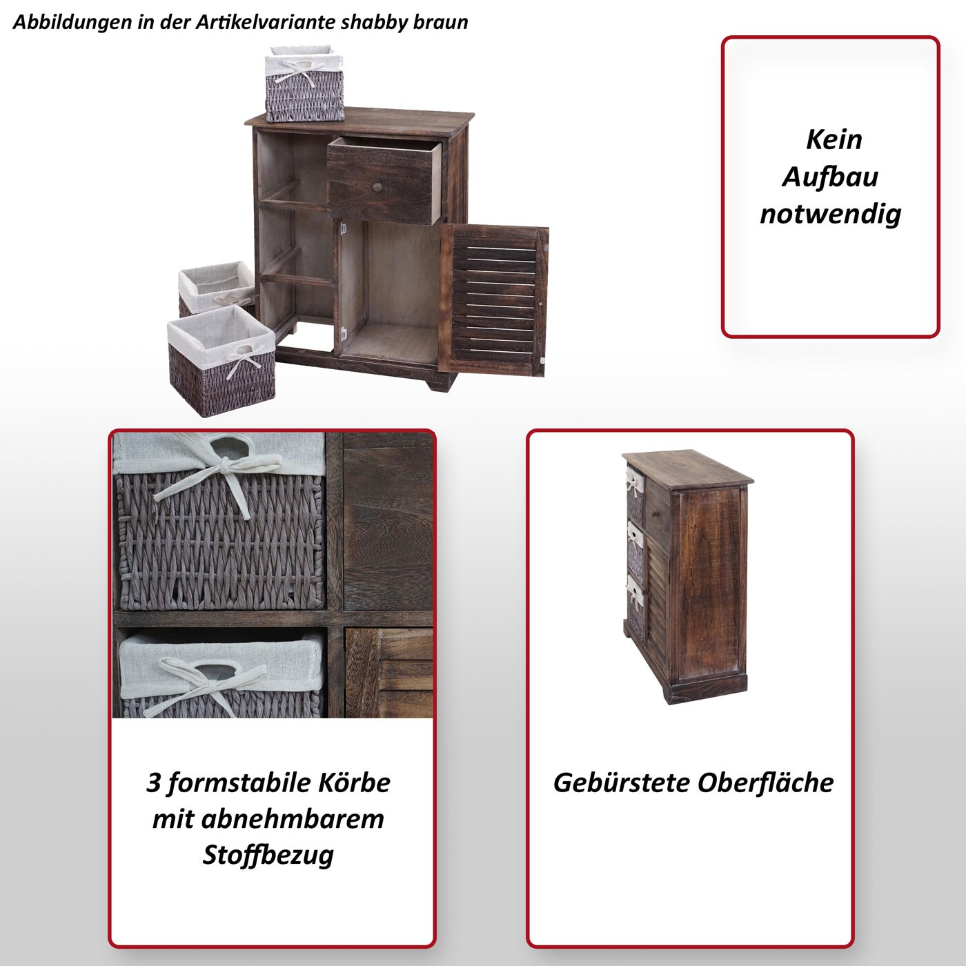 Kommode MCW-H21, Schrank Schubladenkommode, Massiv-Holz Korb-Schublade 80x60x30cm ~ shabby braun