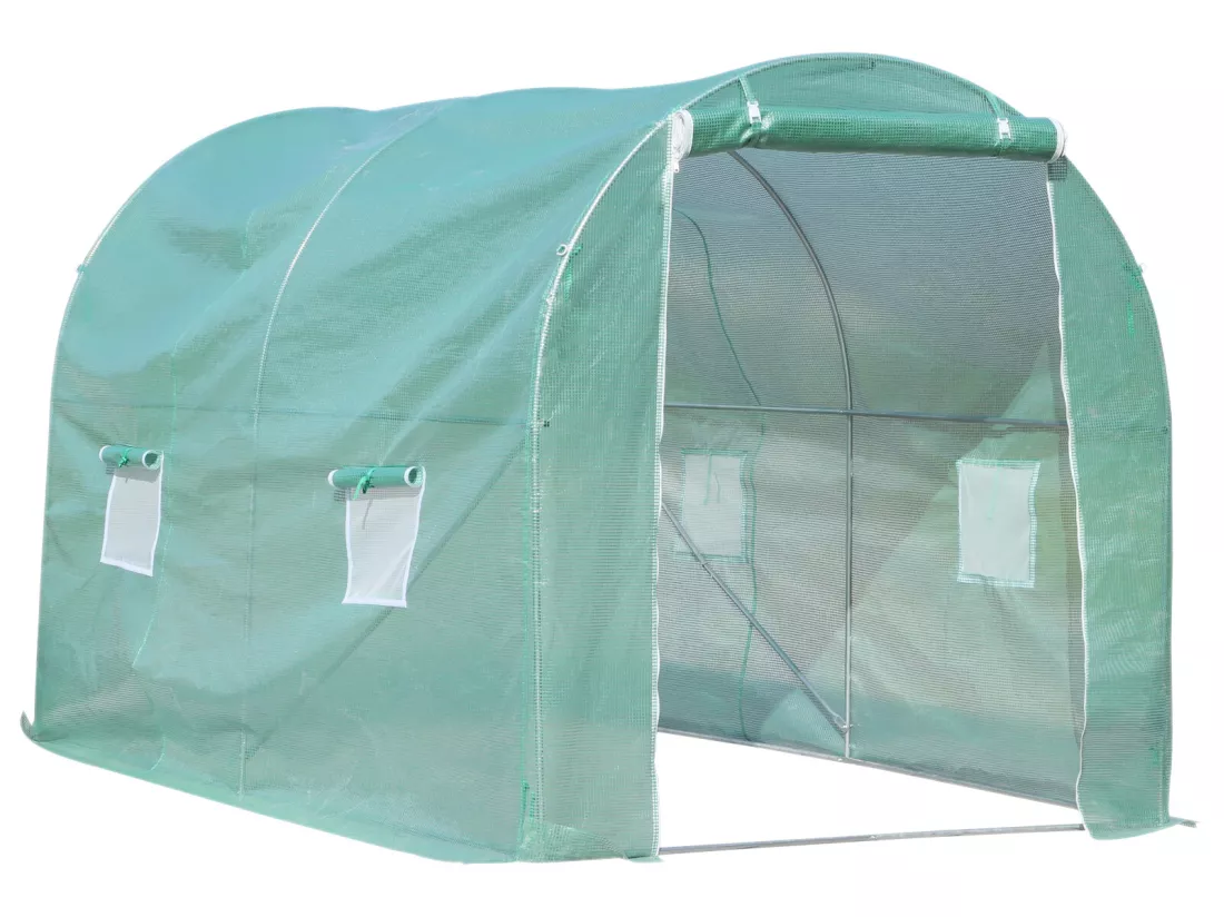 Serre de jardin tunnel surface sol 6 m² 3L x 2l x 2,10H m châssis tubulaire renforcé porte zippée 4 fenêtres enroulables vert