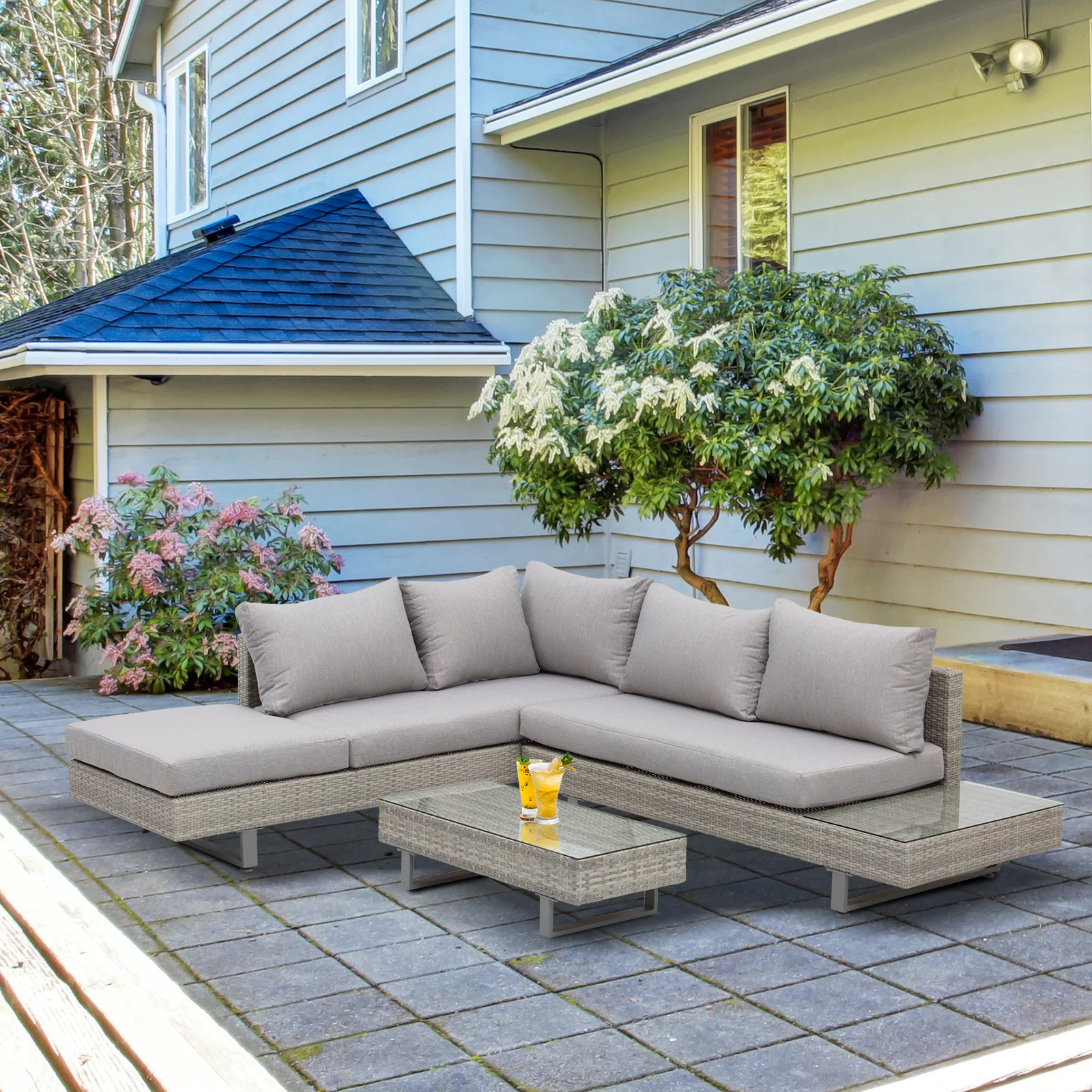 Outsunny Rattansofa Set mit Tisch grau