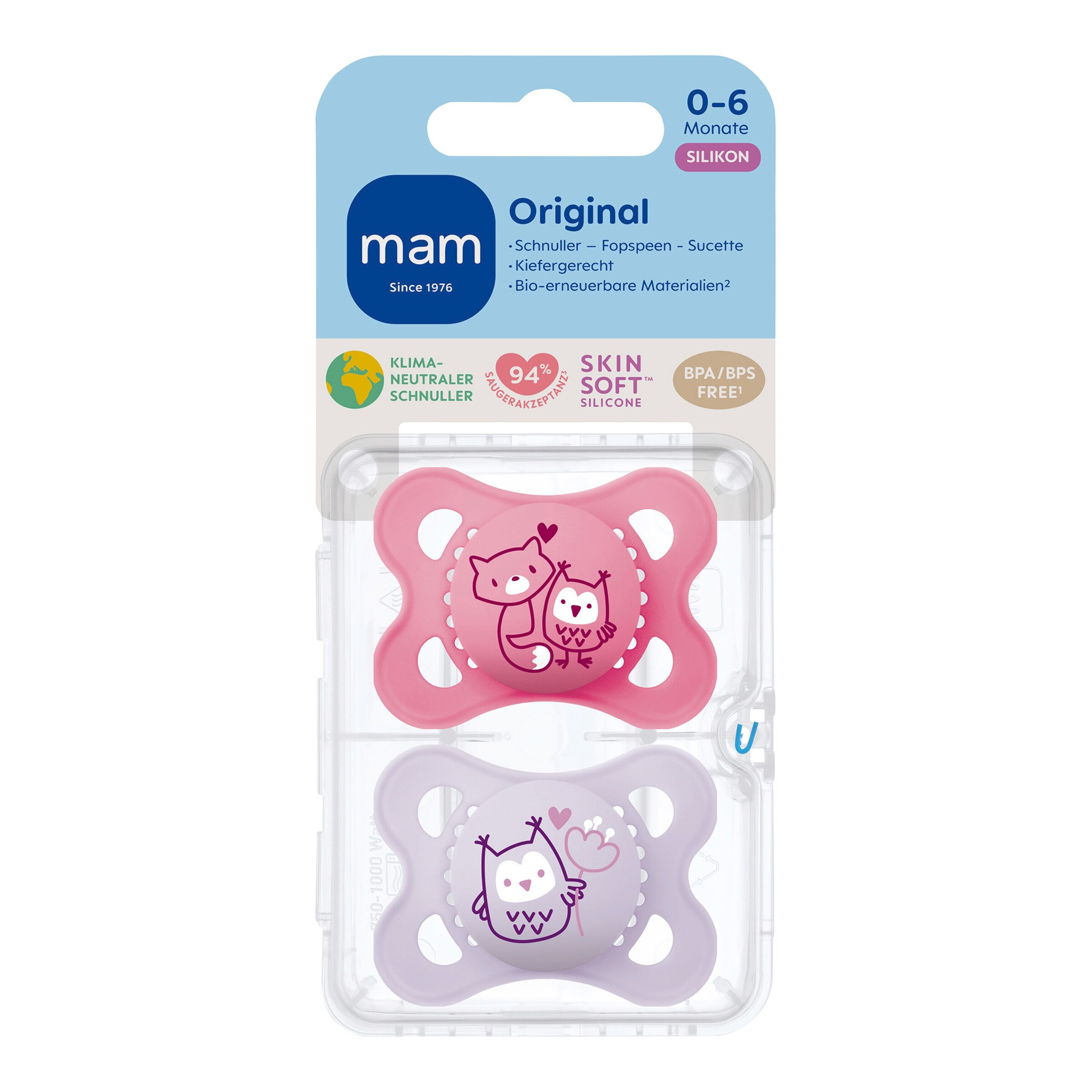 MAM 2er-Pack Schnuller Original Silikon, 0-6M Fuchs pink / Eule lila