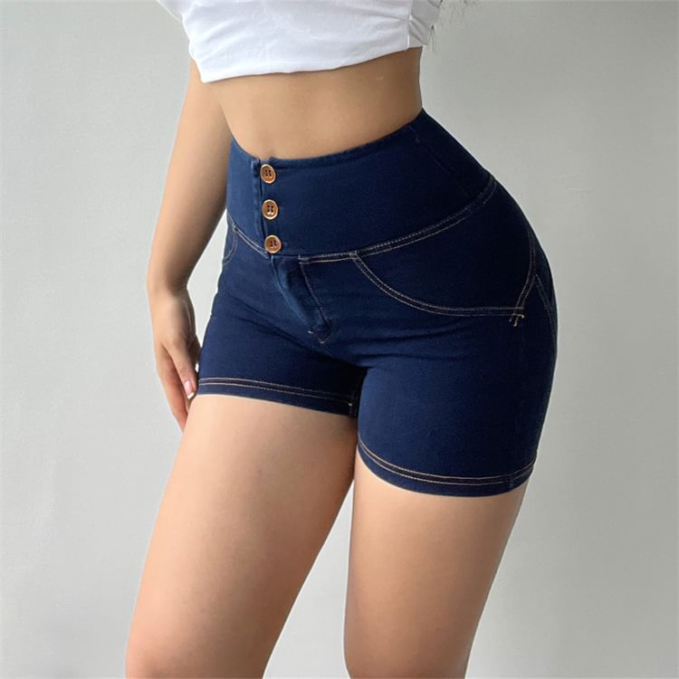 Arigne - Yogashorts met hoge taille en gewassen denim