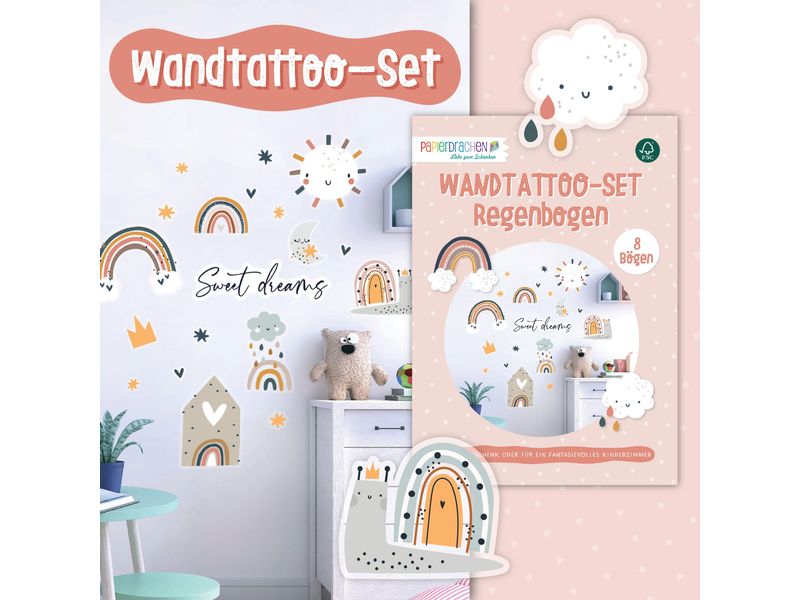 Papierdrachen Wandtattoo-Set Regenbogen Wandsticker für Kinder