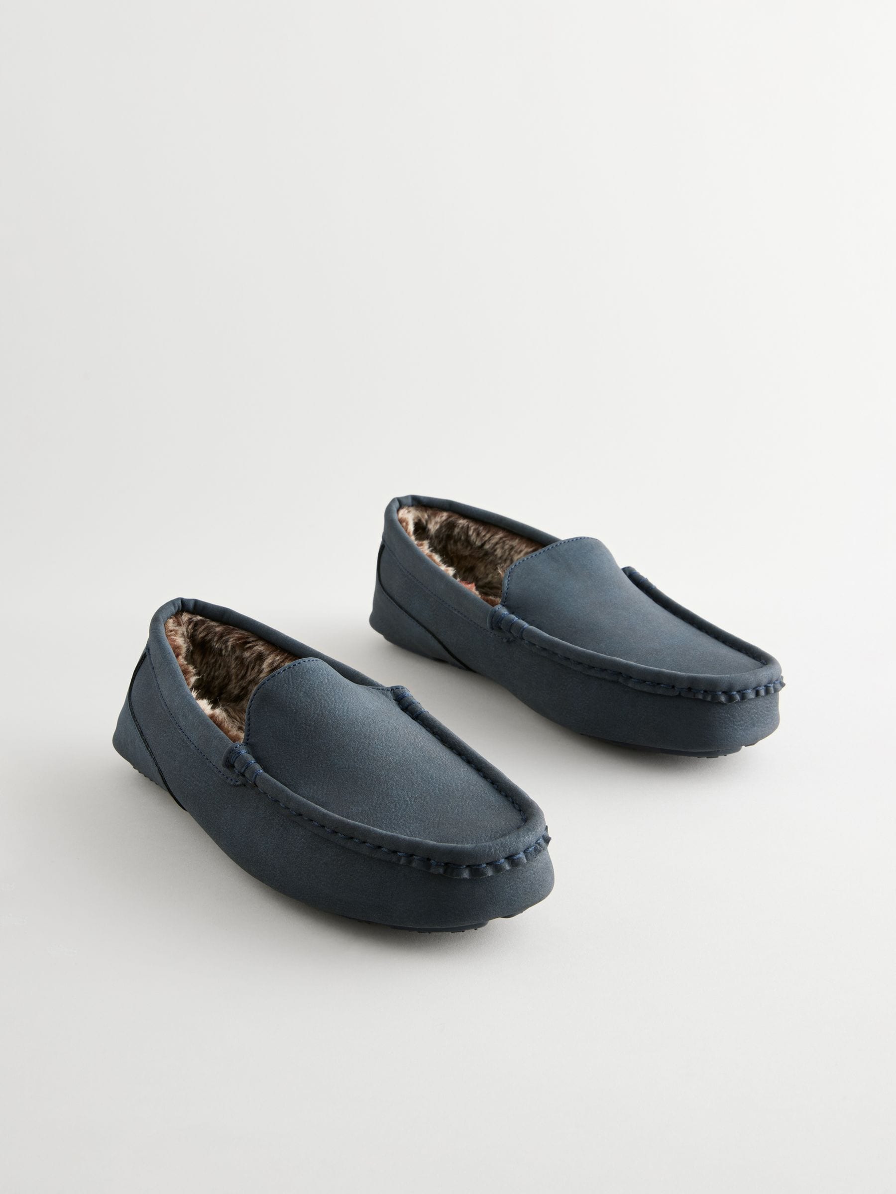 Donkerblauw - Moccasinpantoffels met voering van imitatiebont