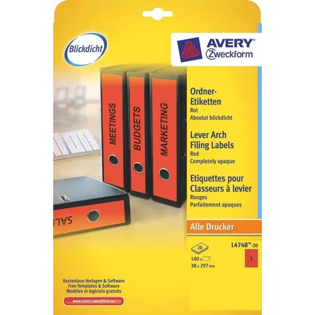 Avery Zweckform L4748-20 Ordnerrücken Etiketten A4, mit ultragrip, 38 x 297 mm, schmal/lang, 20 Bogen/100 Etiketten, rot