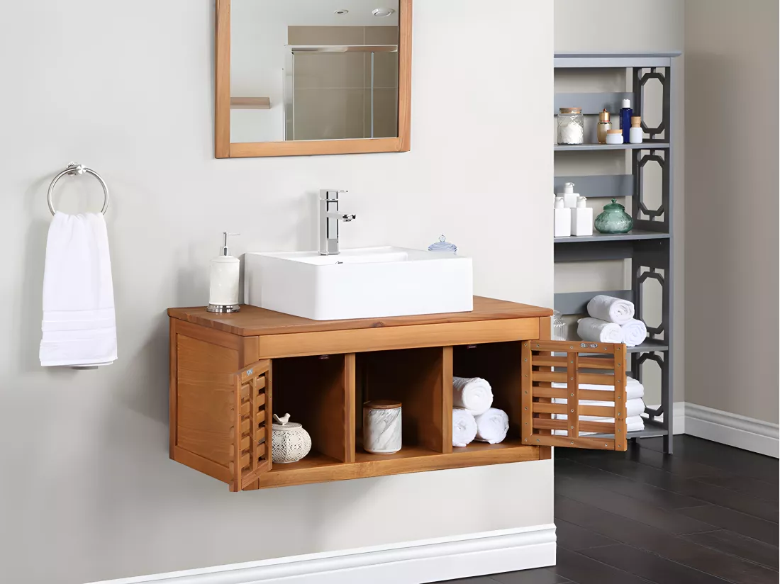 Meuble de salle de bain suspendu en bois d'acacia avec simple vasque et miroir - 90 cm - PENEBEL