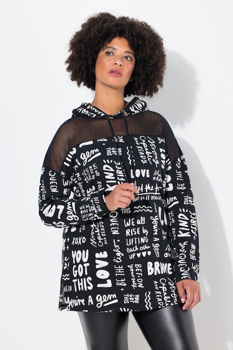 Long-Hoodie, oversized, Wording-Muster, Kapuze
