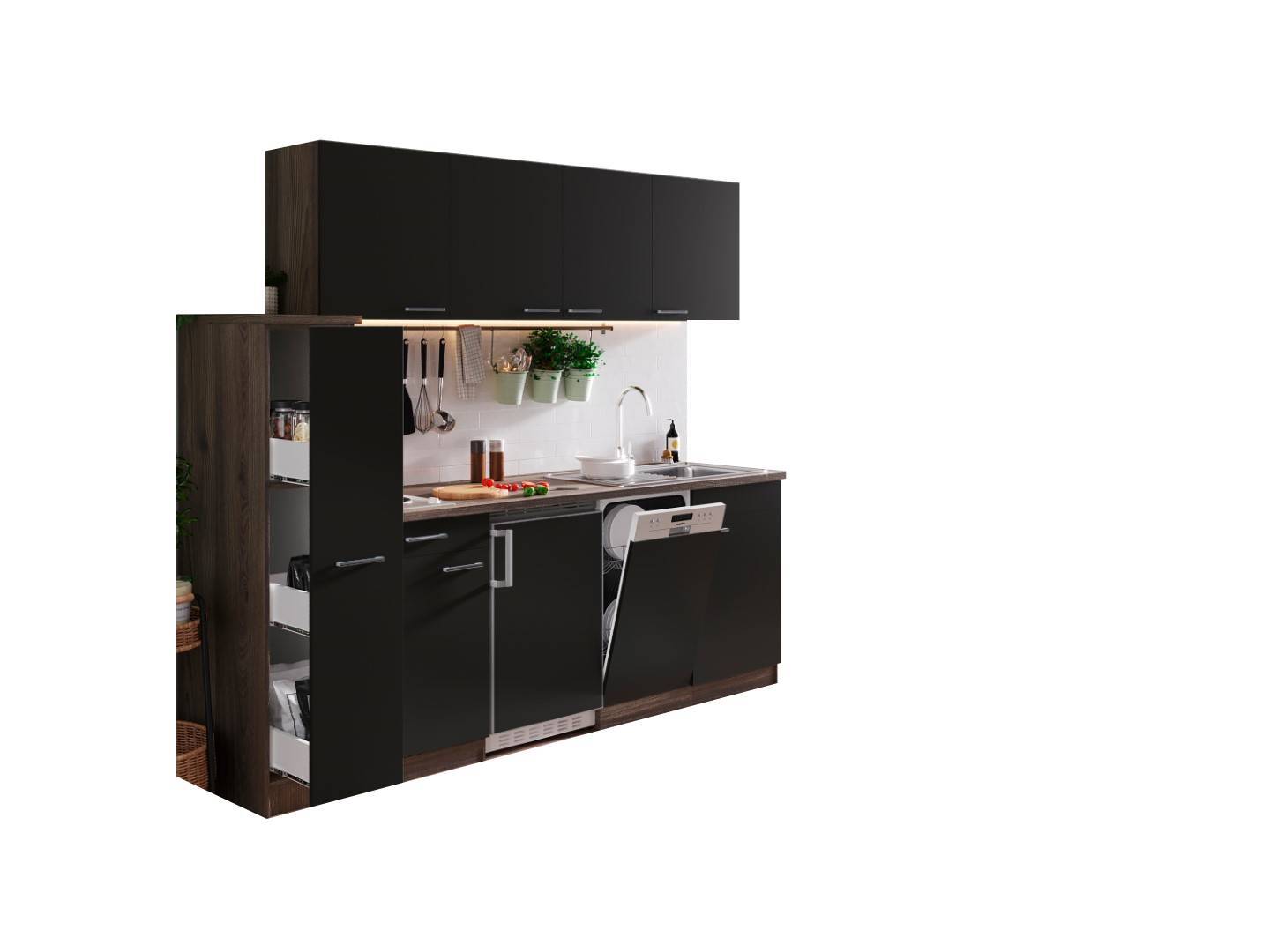 RESPEKTA Singleküche OLIVER - schwarz - Eiche York - mit E-Geräten - 225 cm