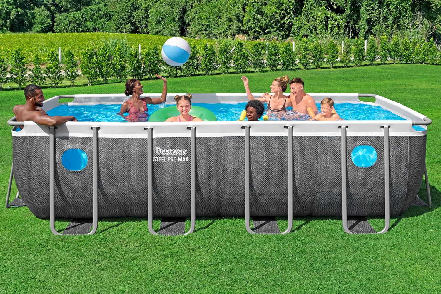 Bestway Steel Pro MAX Frame Pool Komplett-Set mit Filterpumpe, 488 x 244 x 122 cm, 11.532 Liter, Rattan-Optik, Splashview Bullaugen, Sicherheitsleiter, Abdeckplane, Filterkartusche, Schiefergrau