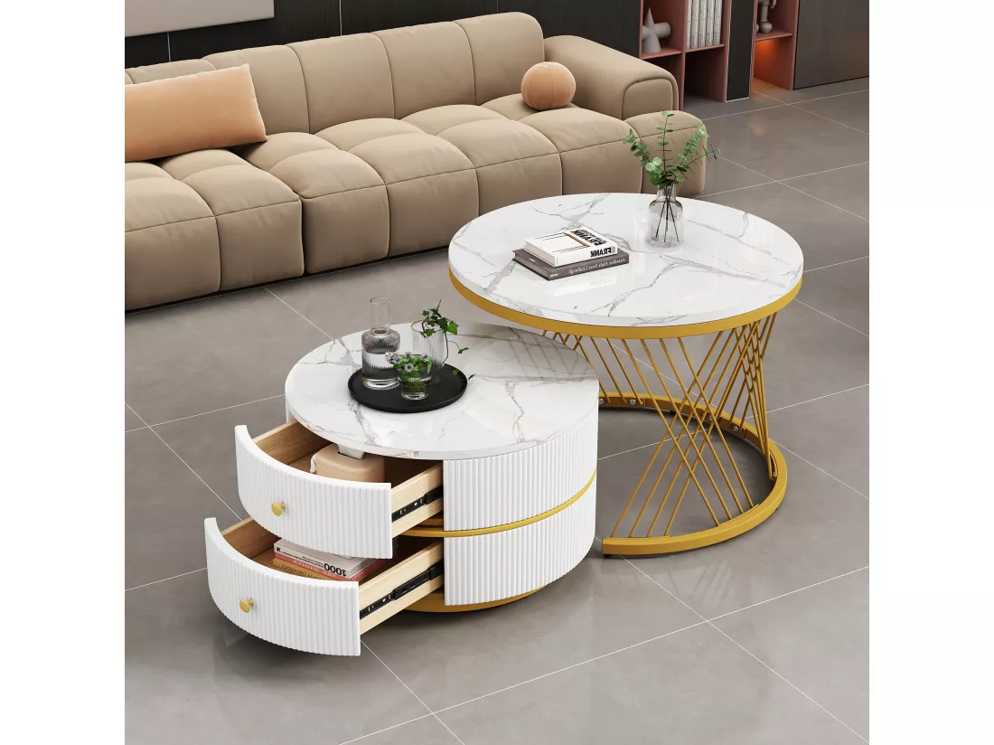 Lot de 2 tables basses gigognes rondes avec 2 tiroirs - 60x60x46cm + 50x50x30.8cm - Motif à marbre - Bois MDF et métal - Blanc + or
