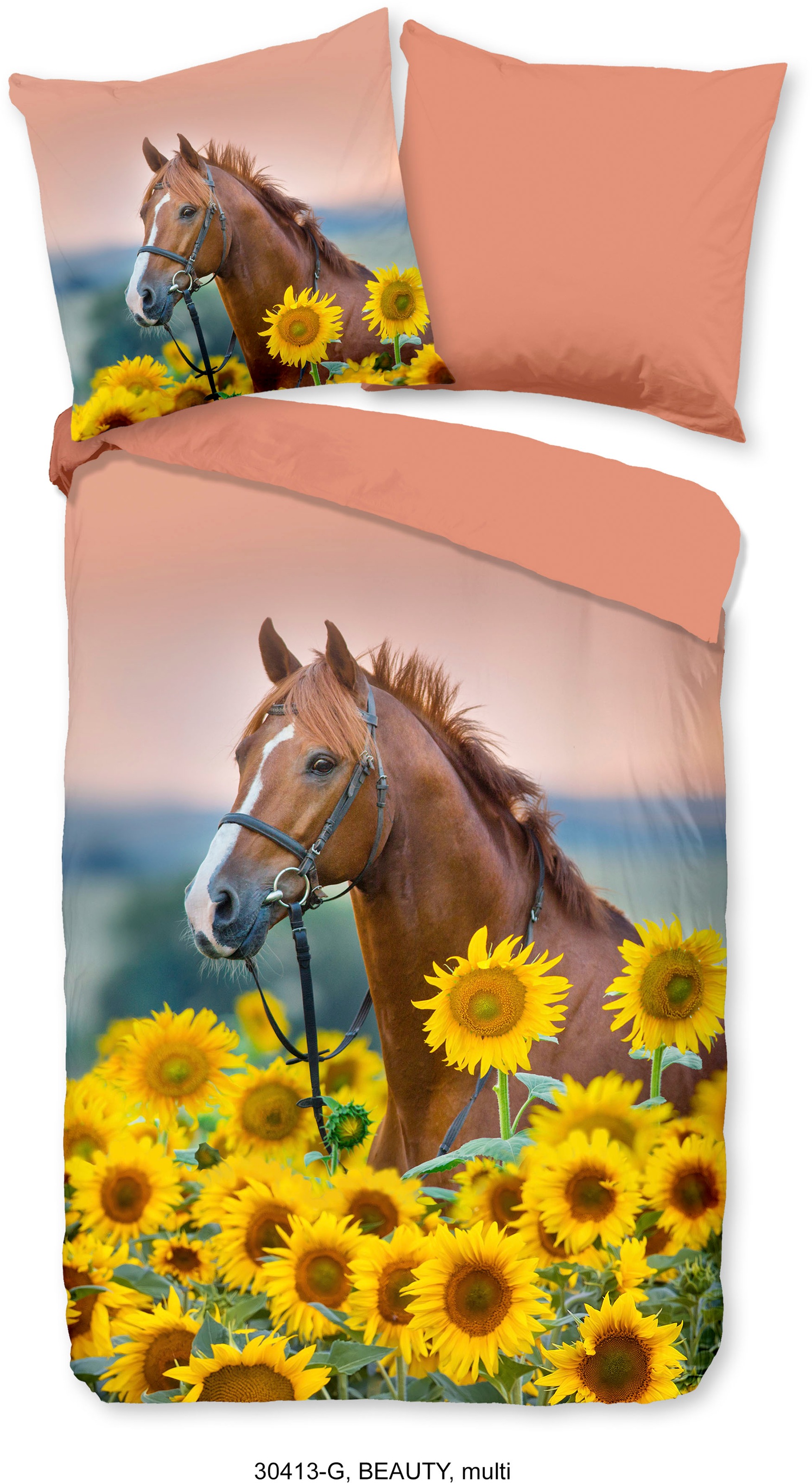 good morning Kinderbettwäsche »Beauty Horse Sunflower« 2 Stk. tlg. Baumwolle, 135x200, Reissverschluss, Wendeoptik, Kind, Mädchen, Pferd