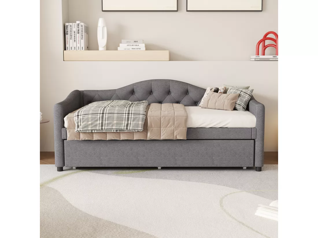 Lit gigogne 90 x 200 cm + lit 90 x 190 cm, canapé-lit - tissu en lin - coloris gris (sans matelas)