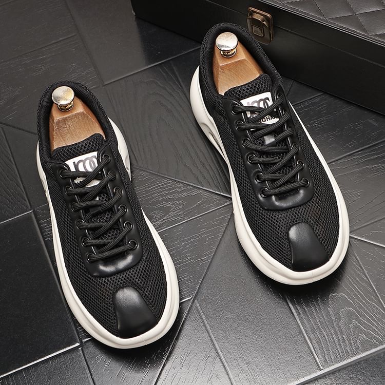Mr Ozera - Platform Plain Lace-Up Mesh Sneakers