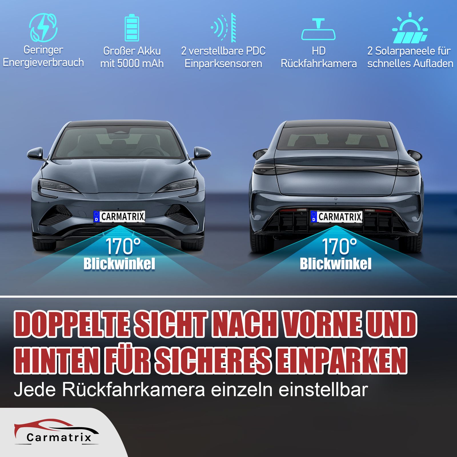 CARMATRIX Duo Solar Rückfahrsystem HD Rückfahrkamera im Nummernschild mit PDC Sensoren für Vorne und Hinten