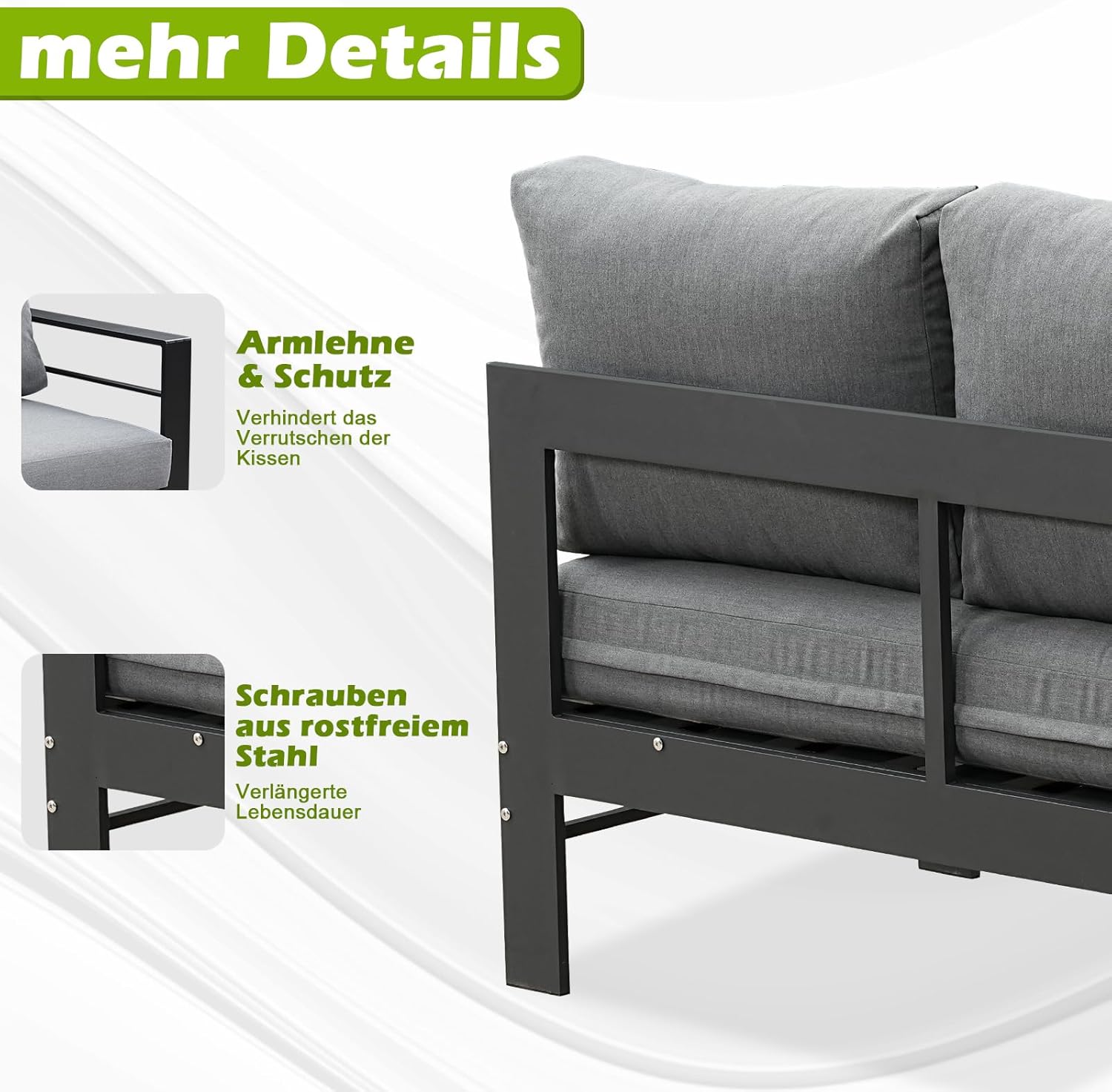 Atenza Aluminium Gartenlounge Set 6-8 Personen, Ecklounge Gartenmöbel-Set mit Ecksofa, Tisch und Sitzbank, Outdoor Lounge mit Sitz- und Rückenkissen für Garten, Terrasse, Balkon (Schwarz)