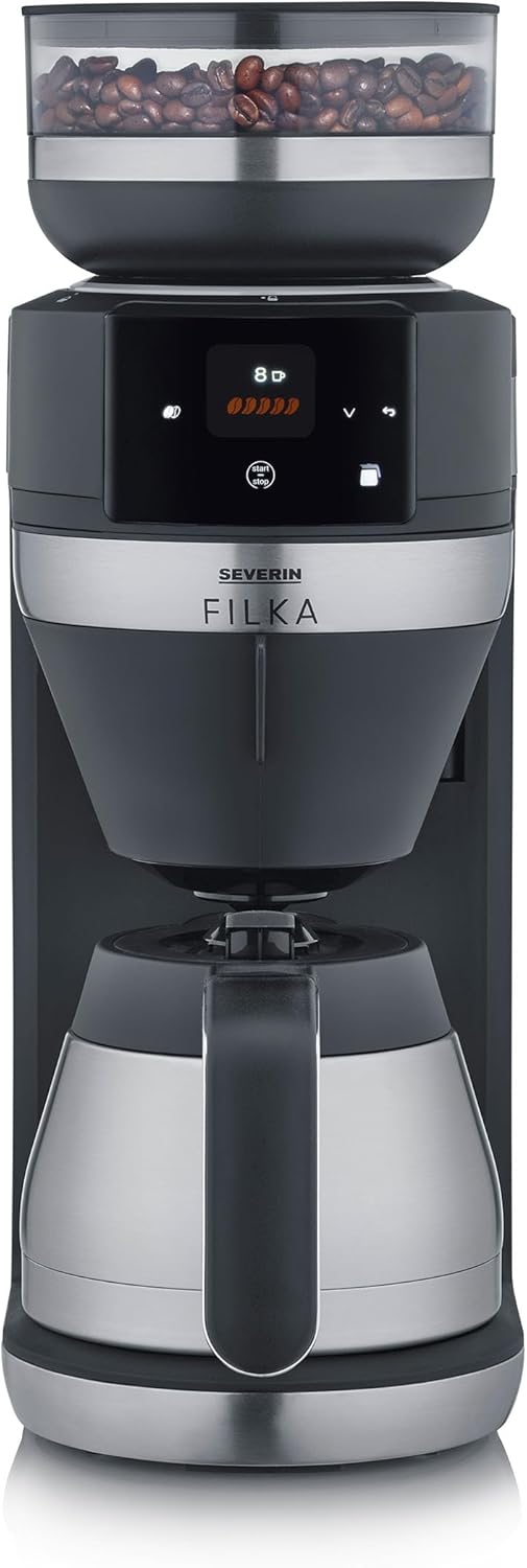 SEVERIN FILKA, Vollautomat für Filterkaffee, 5-in-1 Filterkaffeemaschine mit LED-Display, Mahlwerk, mit Thermokanne, schwarz-matt/Edelstahl, KA 9695