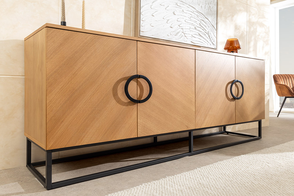 Industrial Sideboard GRANDEZZA 180cm natur Eiche schwarz Metall viel Stauraum