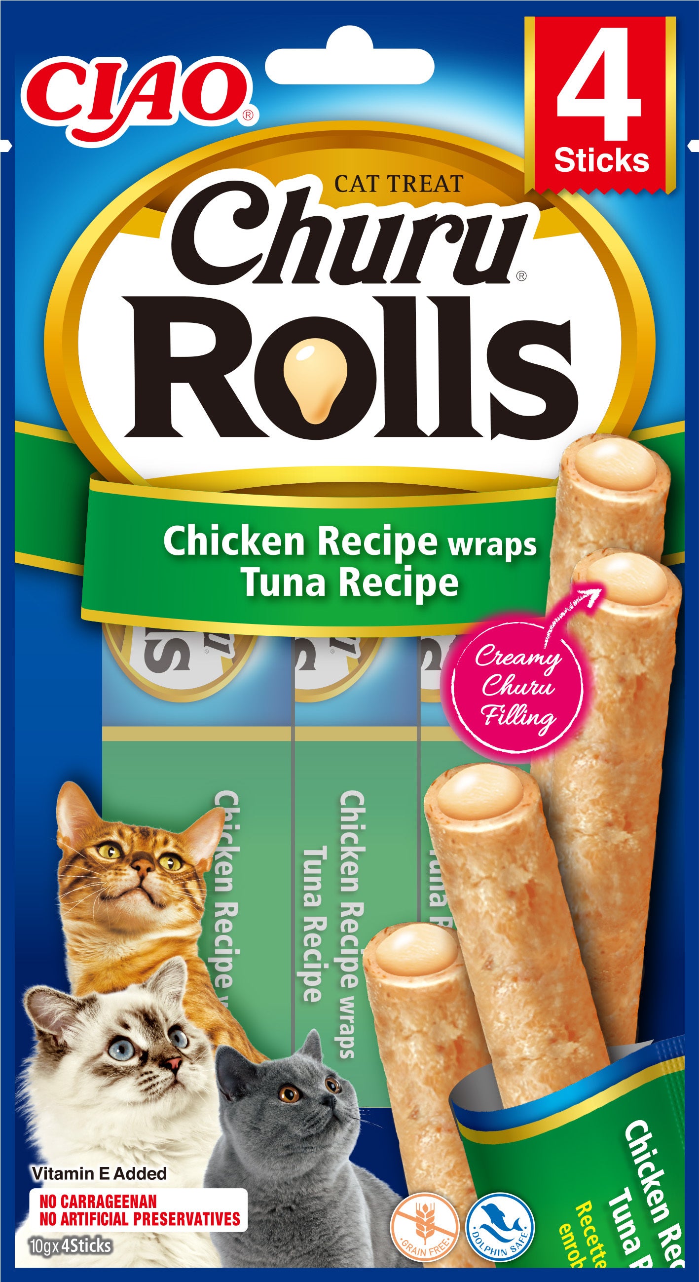 Inaba kattensnack Churu Rolls kip / tonijn 10 g 4 stuks