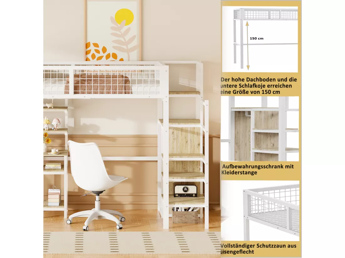 Lit mezzanine 90 x 200 cm avec bureau, penderie et étagères et rangements - Métal + bois MDF - Blanc