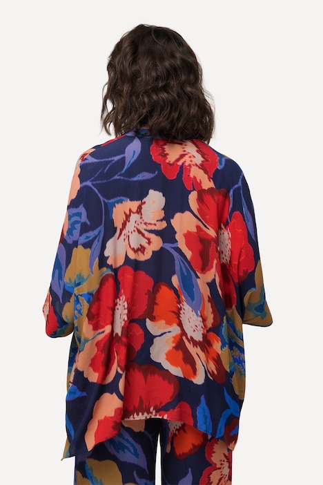 Bluse, Blüten, Oversized, Rundhals, Halbarm