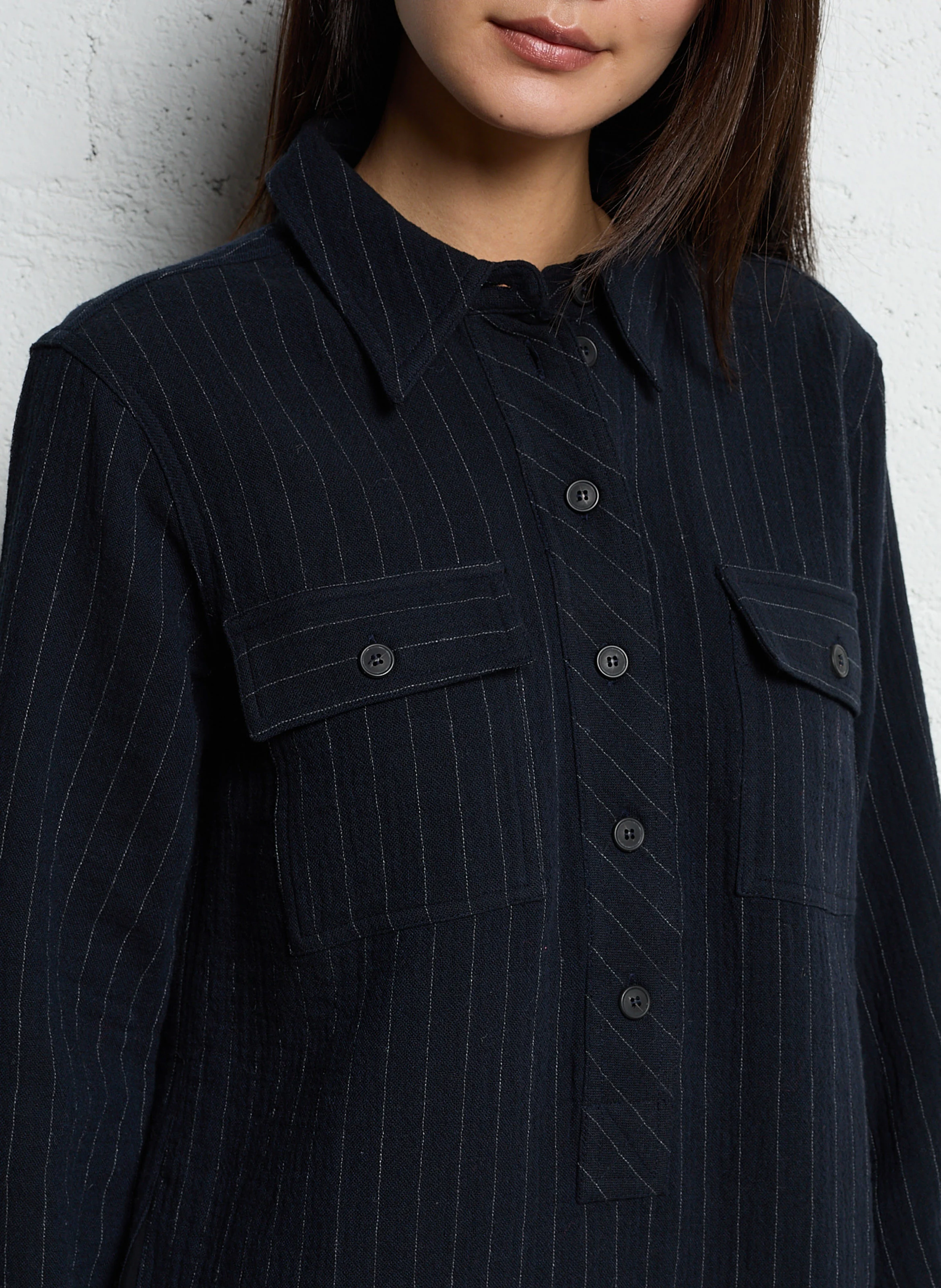 MARINE - Robe midi col classique à rayures | Bleu