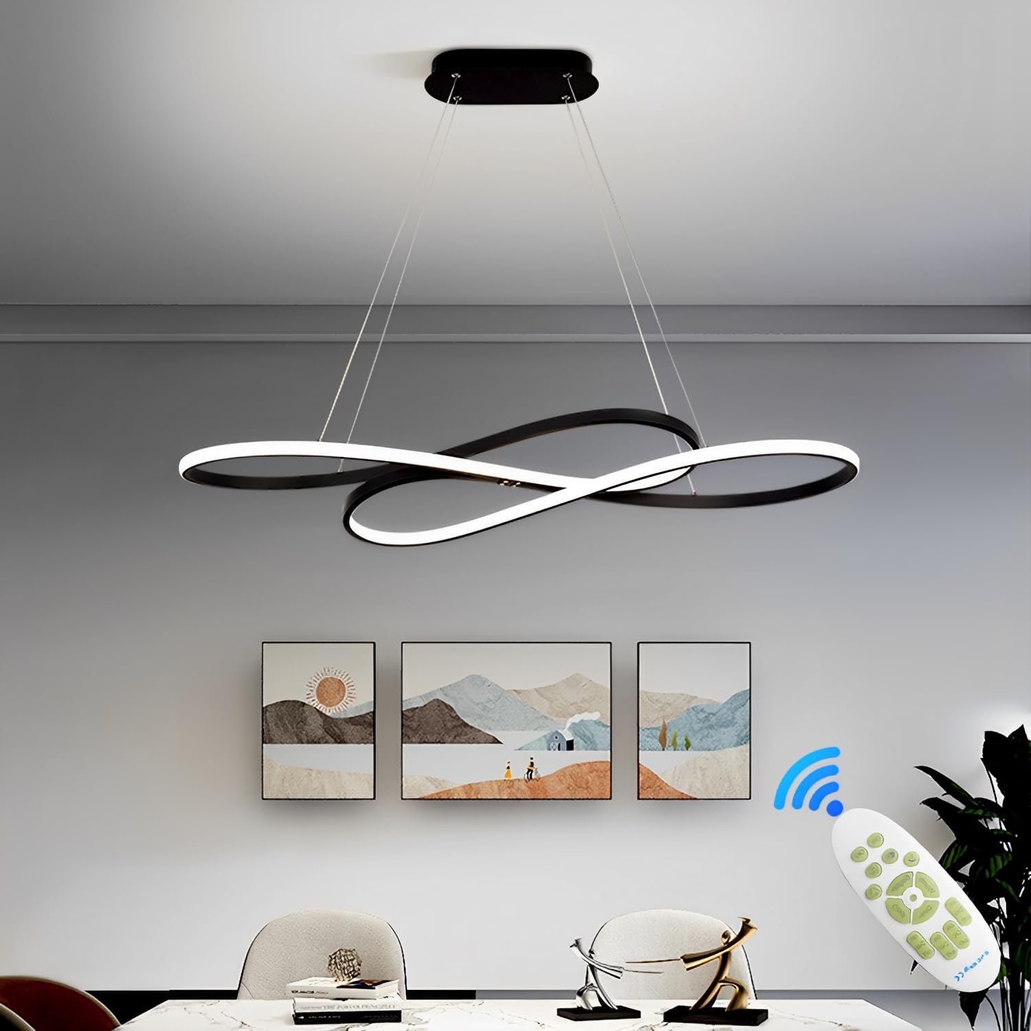 57W Dimmbare LED Pendelleuchte, Doppelfigur 8 Design Hängeleuchte mit Fernbedienung, Pendellampe Hängend Höhenverstellbar, Hängelampe für Wohnzimmer, Esstisch, Esszimmer, Küche, Schwarz