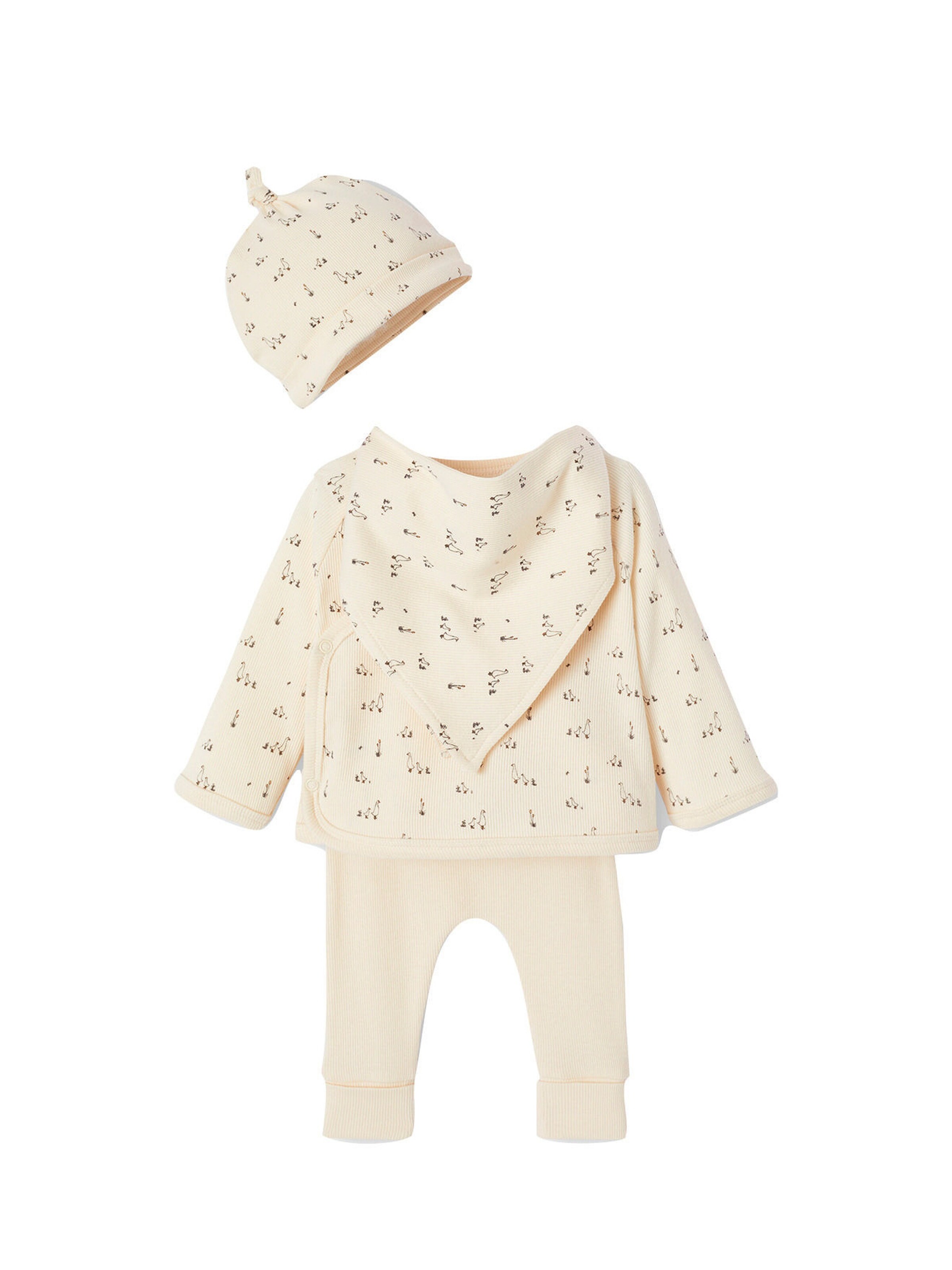 Vertbaudet Bio-Kollektion: Baby Geschenk-Set: Jacke, Hose, Mütze & Halstuch mit Gänsen vanille