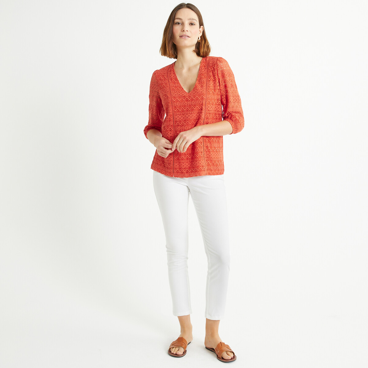 ANNE WEYBURN<br>Camiseta com decote em V e mangas 3/4