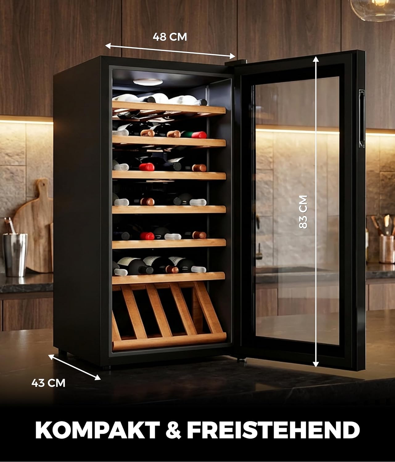 °CUBES Weinkühlschrank 28 Flaschen (90L) mit eleganter Glastür & hochwertigen Regalen aus Buchenholz | 5-18°C, vibrationsarm & leise (40dB) | Weinschrank mit LED Display - Tolles Geschenk