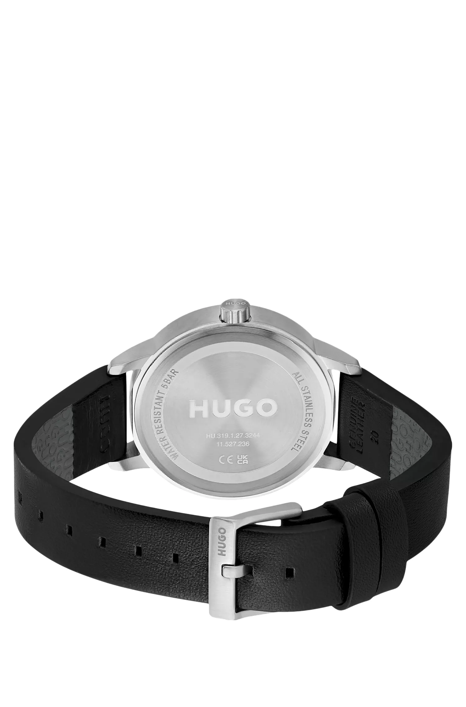 Relógio HUGO com pulseira de couro vermelha e logotipos sobrepostos.