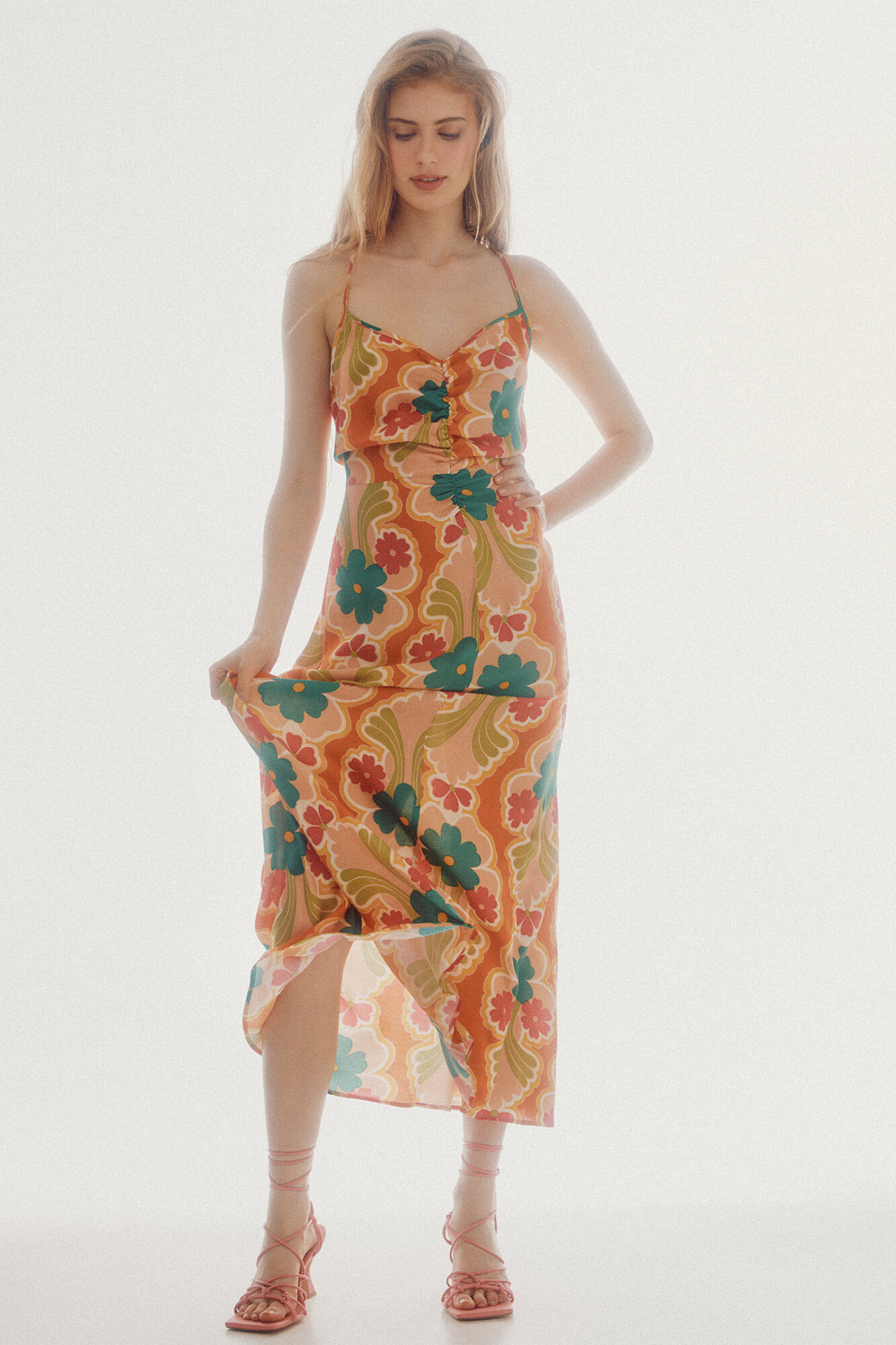 Vestido midi franzido - Multicolorido