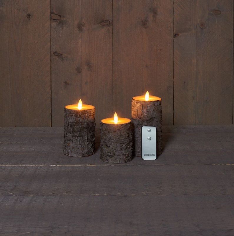 Set van 3 luxe berkenhout kleur LED stompkaarsen met afstandsbediening - Woondecoratie - LED kaarsen - Elektrische kaarsen