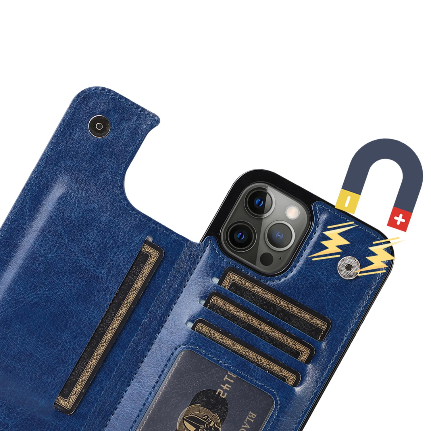 iPhone 14 Pro Hybrid Leder Hülle mit Kartenfach   Kickstand Aufsteller - Blau