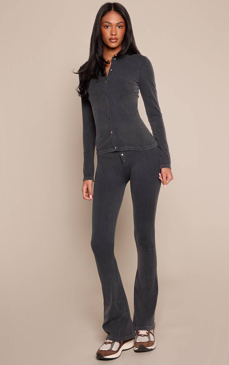 Noir Ensemble Coordonné Legging Évasé Côtelé Contour Avec Détails Boutonnés - Grande Taille