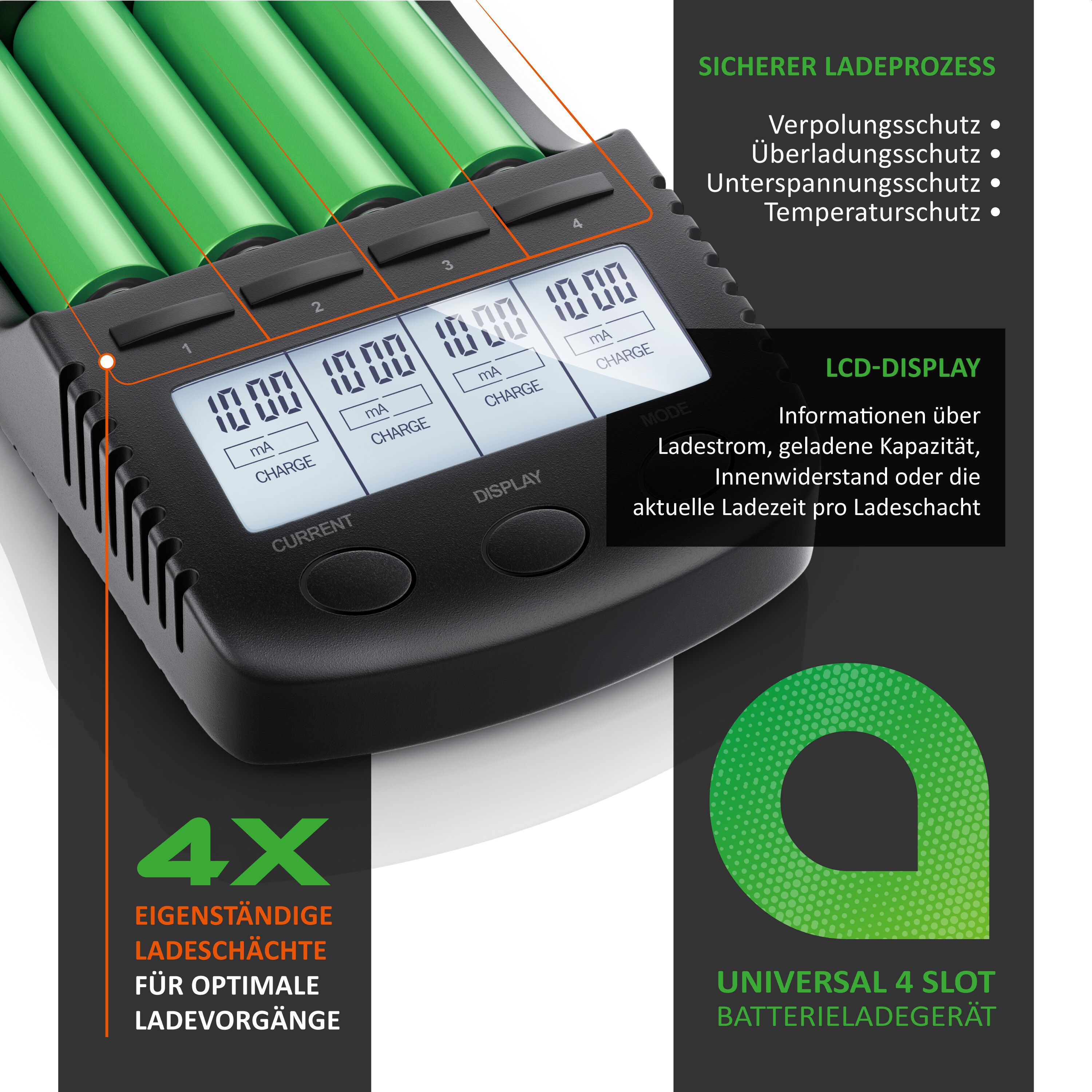 Aplic Batterie-Ladegerät 1000 mA, für Akku, mit USB-Ladeport für Li-ion / 18650 / Ni-MH / Ni-CD Akkus