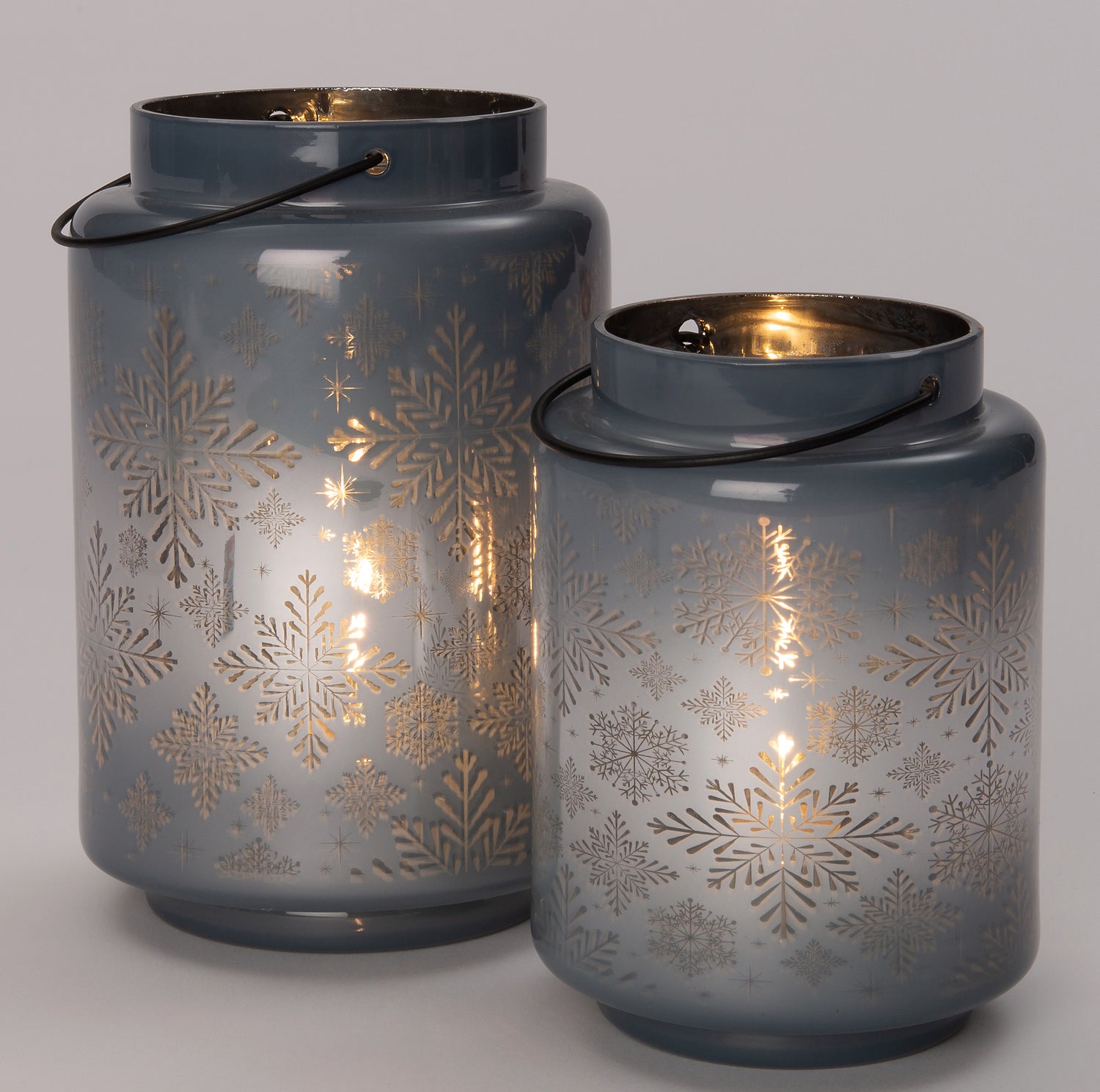 Intratuin lantaarn sneeuwvlokken blauw met 1 LED lampje warm wit D 12,2 H 16,7 cm
