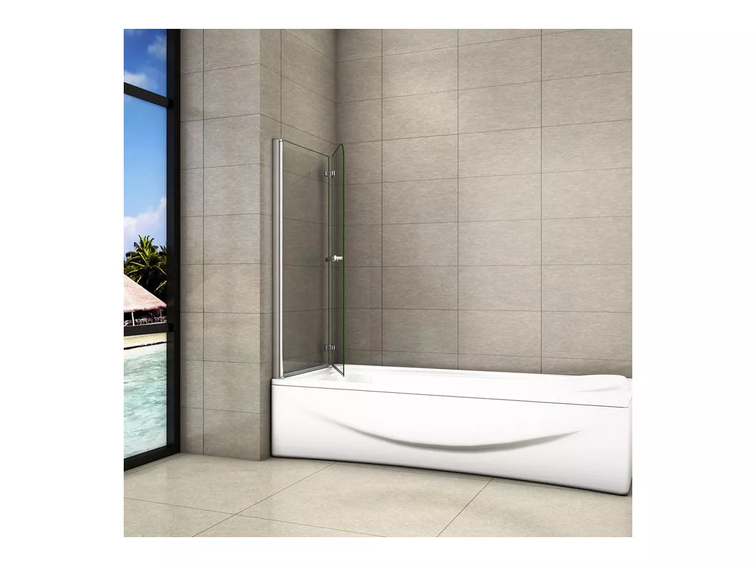 Pare-baignoire 120x140cm pivotant 180° , paroi de baignoire en 6mm verre anticalcaire, avec une poignée en Inox