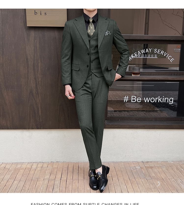 Sheck - Set: Reverskraag Melange Enkelrijs Blazer + V-hals Vest + Middelhoge Rechte Broek