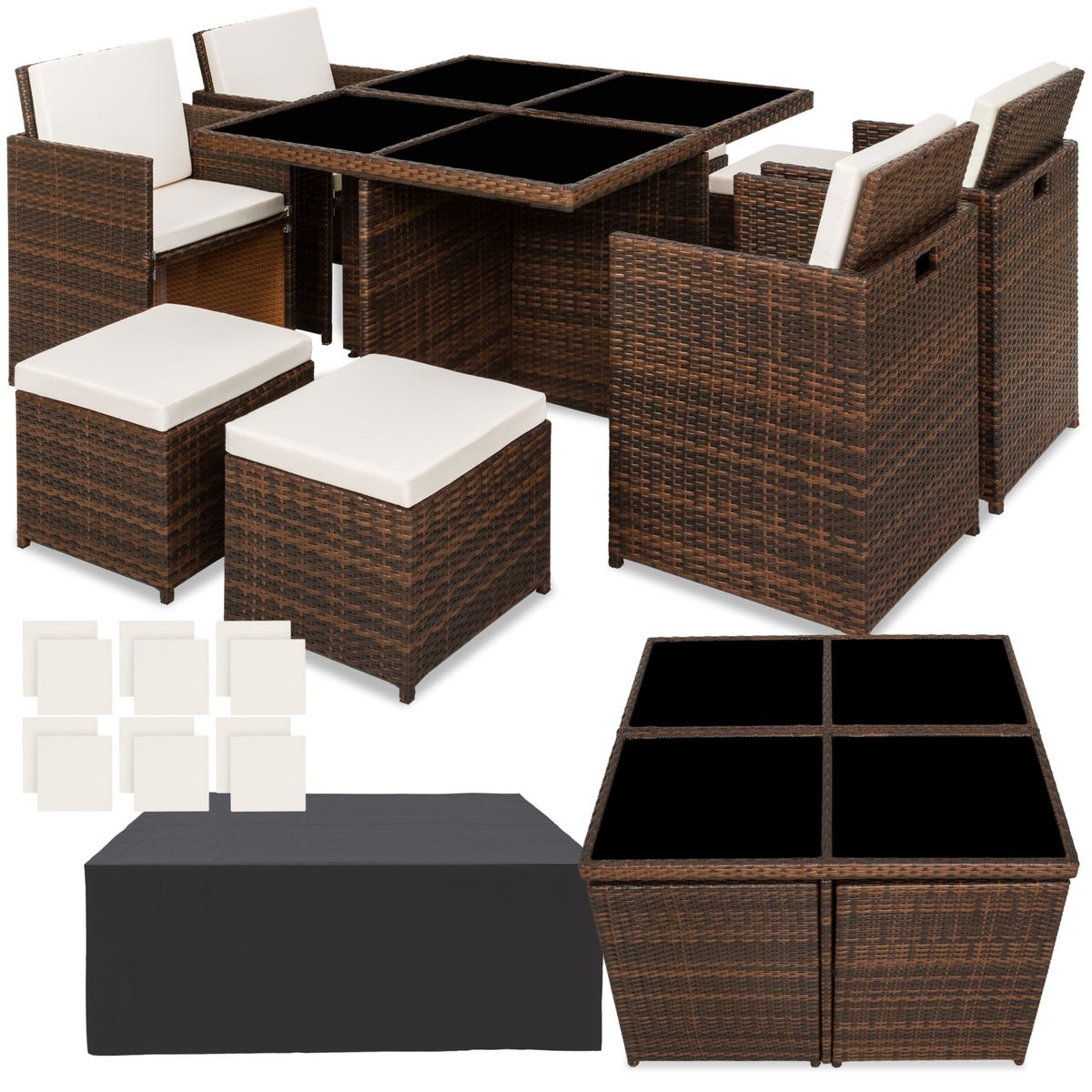 tectake Manhattan rotan zitgroep met aluminium frame, 2 sets hoezen, inklapbaar, inclusief beschermhoes