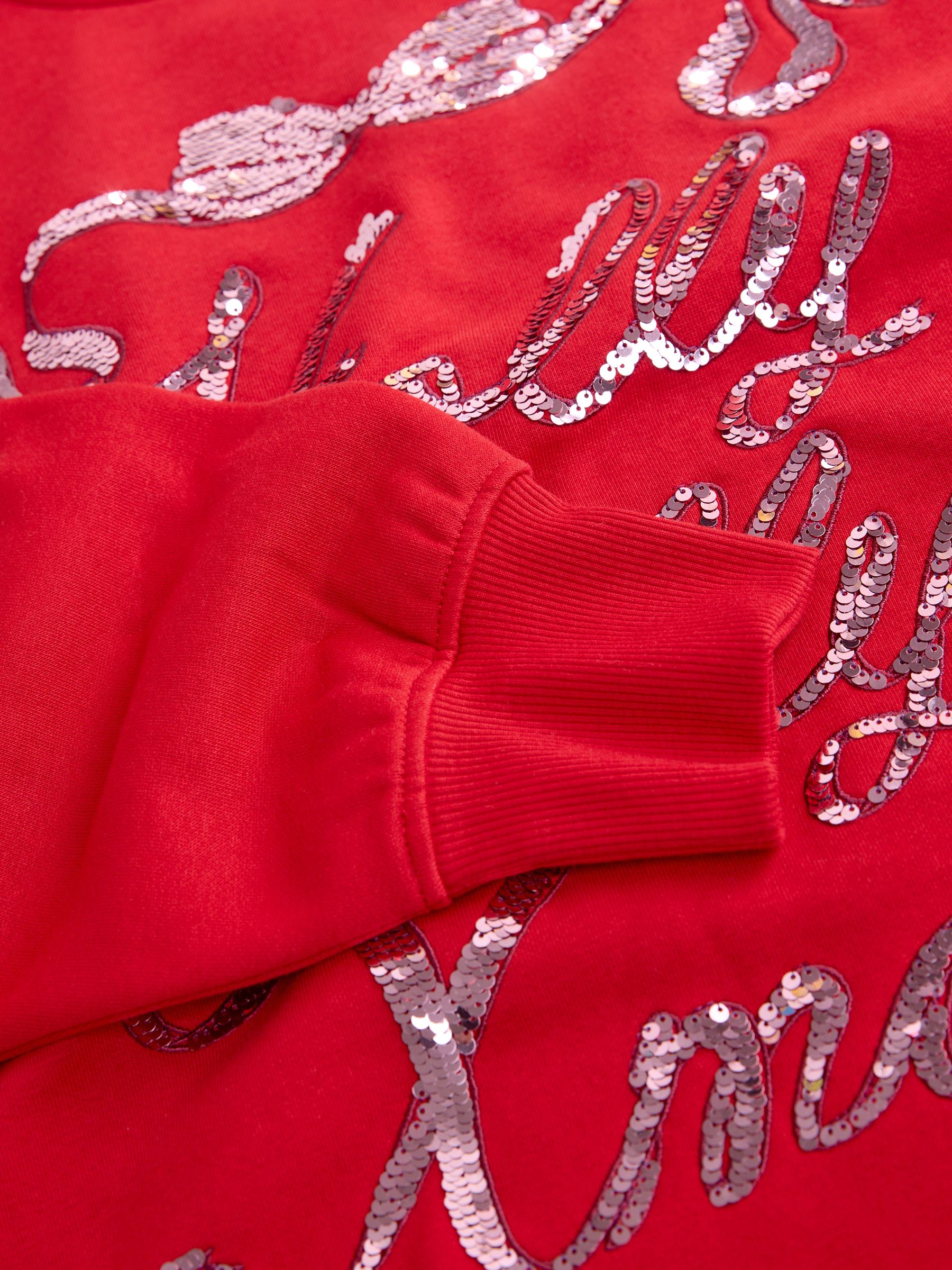 Rood - Pailletten Holly Jolly Kerstmis Grafisch Sweatshirt met Lange Mouwen