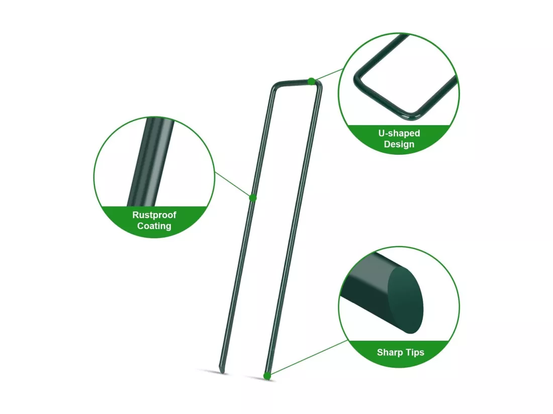 100 Pcs Fixation en Acier Vert - piquets de jardin antirouille - 150 mm, pour le contrôle des mauvaises herbes, membrane, tissu