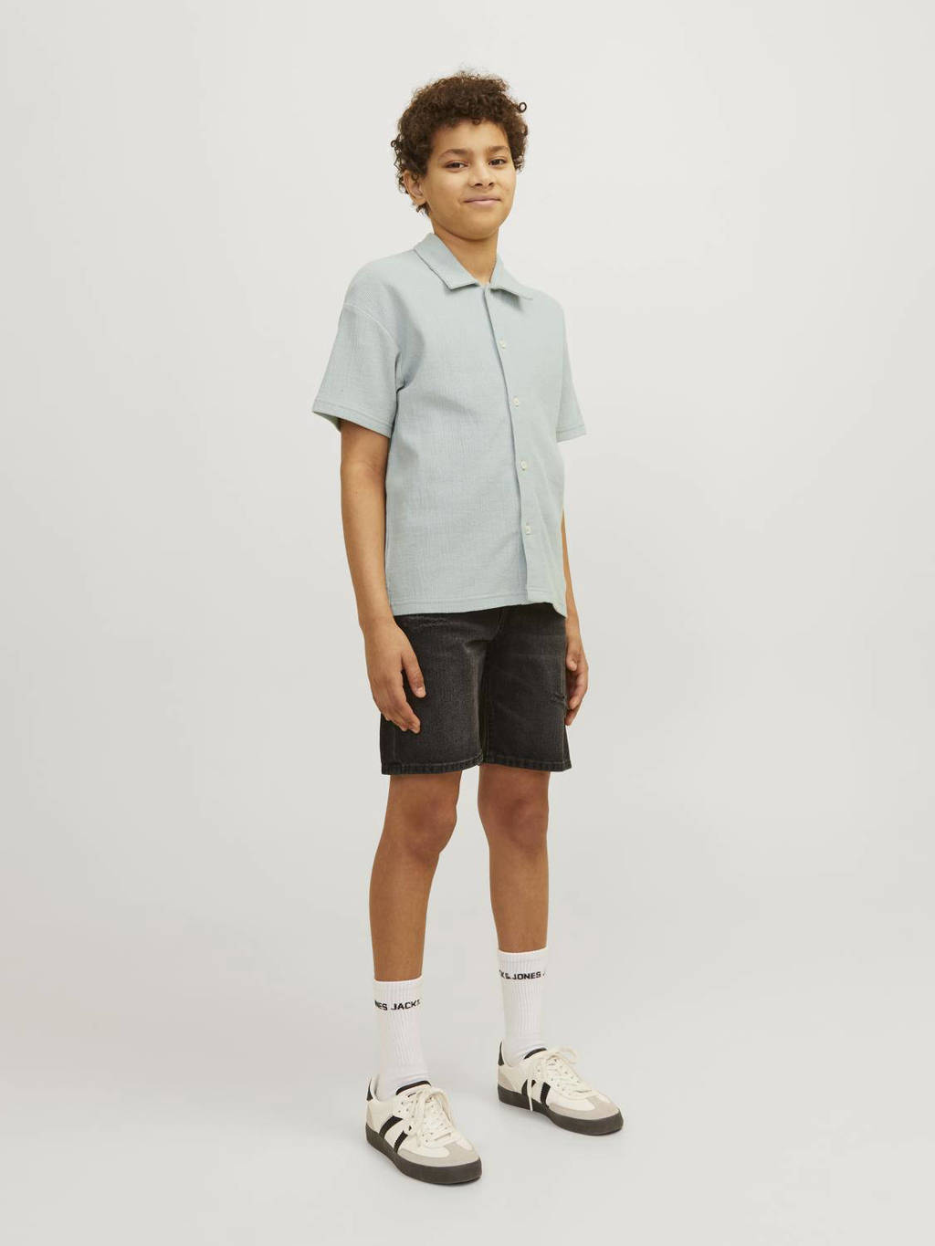 JACK & JONES overhemd JORJASPER BUTTON THROUGH SHIRT SS JNR grijsgroen